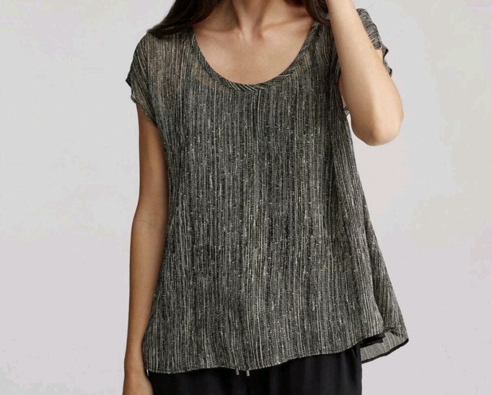 NWT Eileen Fisher Firefly Printed Crinkle Silk Swing Top SMALL w Silk Cami Black